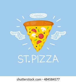 Heaven pizza concept "St. Pizza"  with angel halo and wings. Flat and doodle vector isolated pizza, meal, delivery, cafe, fun illustration with olives and  sausage. Love pizza for cafe