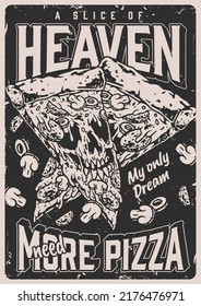 Heaven Pizza Monochrome Flyer Vintage Slice Italian Fast Food With Scary Face For College Party Or Movie Sharing Vector Illustration