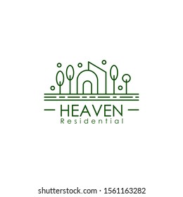 Heaven Residential Logo With Building, Tree, Fresh Nature Landscape Theme On Green Line.
Sign Symbol For Resort, Park, Garden And Outdoor Recreation. Vector Illustration.