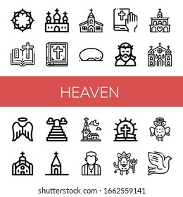 heaven simple icons set. Contains such icons as Crown of thorns, Bible, Church, Cloud gate, Jesus, Angel, Heaven, Pastor, Devil, Dove, can be used for web, mobile and logo