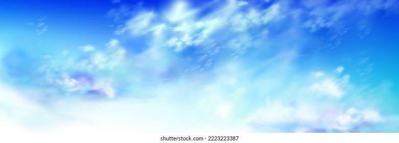 Heaven sky with blue and white soft fluffy clouds abstract natural background. Realistic tranquil cloudscape view, vivid fantasy panoramic backdrop, beautiful skyey paradise, 3d vector illustration svg