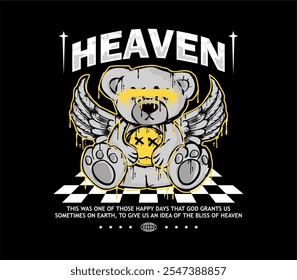 heaven slogan with bear doll angel holding emoji smile in graffiti art style vector illustration graphic design for t shirt, streetwear, apparel design, and urban style