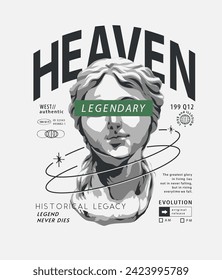 heaven slogan with black and white statue hand drawn vector illustration for fashion print