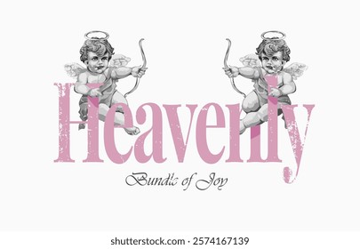 heaven slogan with black and white twin baby angel vector illustration