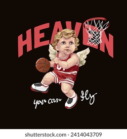 eslogan del cielo con angel de niño jugador de baloncesto mano ilustración vectorial