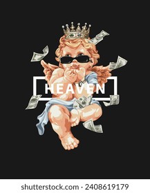 heaven slogan with cherub angel in golden crown hand drawn vector art on black background