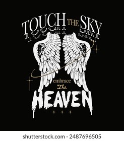 heaven splattered slogan with angels wings vector illustration on black background