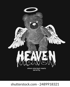 heaven spray paint splattered slogan with black and white bear doll angel vector illustration on black background