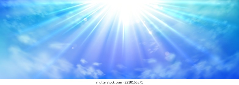 Heaven with sun light rays or beams bursting from clouds in blue sky. Spiritual religious background. Realistic tranquil cloudscape view, beautiful skyey paradise backdrop, 3d vector illustration