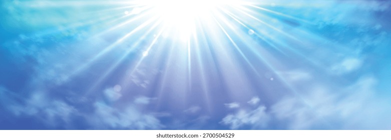 Céu com raios de luz do sol ou raios de luz que explodem de nuvens no céu azul. Religião espiritual. Paisagem tranquila realista vista de nuvem, belo céu paraíso pano de fundo, ilustração vetor 3d
