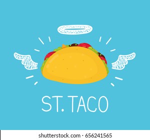 Heaven taco concept "St. Taco" with angel halo and wings. Flat and doodle vector illustration cartoon icon. Mexico cafe,  tasty meal, delivery, mexican fast food concept design