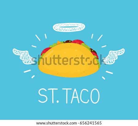 Heaven taco concept "St. Taco" with angel halo and wings. Flat and doodle vector illustration cartoon icon. Mexico cafe,  tasty meal, delivery, mexican fast food concept design