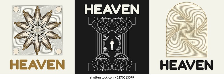 Heaven. Vector set of hand drawn minimalistic placard with illustration. Creative metaverse artwork with human, silhouette, text . Template for card, poster, banner, print for t-shirt, brochure, label