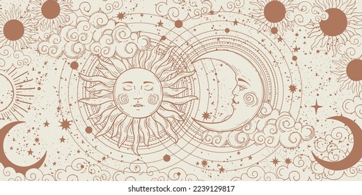 Heavenly background with sun and moon with face, boho banner for astrology, zodiac, tarot. Hand drawn card in natural pastel colors, magic vector illustration for design.