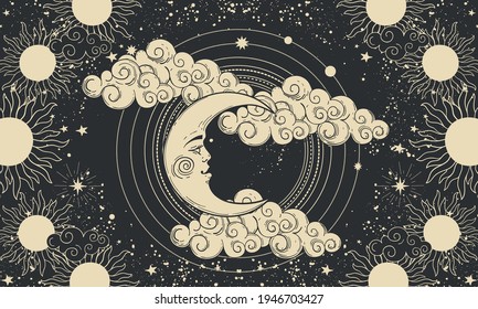 Heavenly banner, crescent moon with a face on a cosmic black background. Illustration for astrology, divination, tarot. Fabulous vector illustration, vintage design.