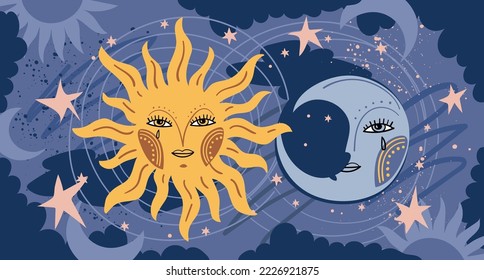 Heavenly banner sun and moon with a face, mystical background with stars for tarot, astrology, zodiac. Flat vector illustration, cute boho card, modern design.