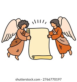 heavenly beings displaying a blank message or holy scripture in sky
