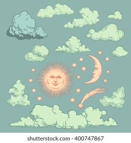 Heavenly Bodies. Design set. Hand drawn engraving. Vector vintage illustration. Isolated on color background. 8 EPS