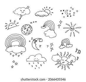 Heavenly bodies funy characters vector doodles set