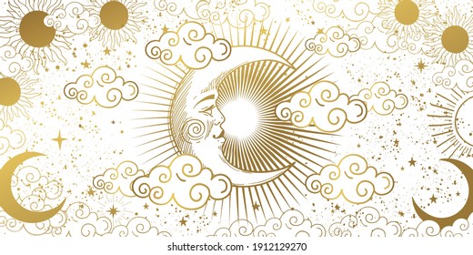 Heavenly card for astrology  tarot  boho design  Golden crescent moon in the sky and clouds  moon   sun white background  Esoteric vector illustration witchcraft  pattern