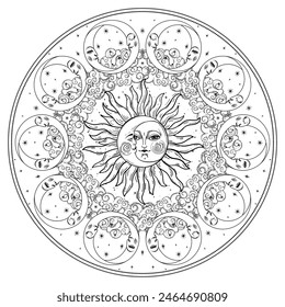 Himmlisches Malbuch mit Sonne, Mond, Wolken und Sternen, Strichzeichnung für Erwachsene, magisches Mandala für Meditation und Ruhe. Universum-Vektorillustration isoliert auf weißem Hintergrund.