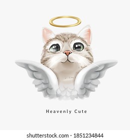 heavenly cute slogan with cute angel cat with gold halo illustration