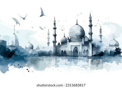 Heavenly Hues with Watercolor Paintings of Islamic Mosques. vector art illustration.