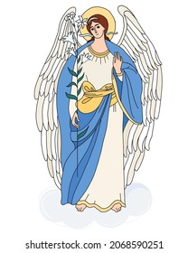 Heavenly messenger - Archangel Gabriel with lily. Vector illustration. Religious concept for Catholic and Orthodox communities. Angel of Revelation, St. Archangels Gabriel of and Annunciation