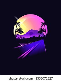 heavenly place in bright neon tones on a black background, Hawaiian landscape on the background of the sun, the road going deep on a black background