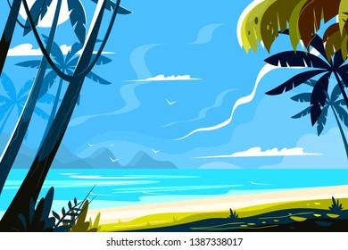 Heavenly place landscape vector illustration. Picturesque view of island with tropical palm trees and sea waves on sunny background flat style design. Paradise beach. Summer vacation concept