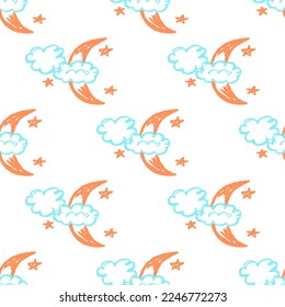 Heavenly seamless pattern. Moon and stars. Children's drawings with wax crayons. Print for cloth design, textile, fabric, wallpaper, wrapping paper