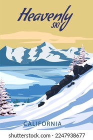 Heavenly Ski Travel resort poster vintage. California USA winter landscape travel card svg