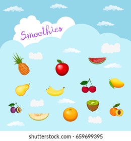 Heavenly smoothie logo. With ingredients, light hearts. Flat cute style. Logotype on clouds background, banana, watermelon, orange, apple, pineapple, kiwi, cherry, mango, pear. peach, plum