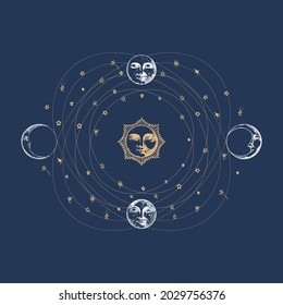 Heavenly sphere concept, vector graphic illustration. Cosmic machinery in engraving style. Esoteric drawings of Sun, Moon and Crescent.