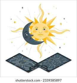 Heavenly sun and crescent moon with face, engraving graphic stylization. Astrological vector illustration for witch, witchcraft, zodiac and horoscope. Vintage design. astrology, divination, magic.2214