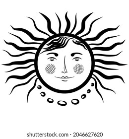 The heavenly symbol is the sun with a woman's face. Celestial body icon. Vintage medieval style. Female sunny image with long hair. Vector illustration. Black linear drawing. Print, postcard, clipart