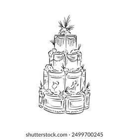 A heavily decorated four tier wedding cake finished with florals and fondant icing. Black and white illustration line drawing, created by hand as a vector.