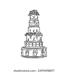 A heavily decorated six tier wedding cake finished with florals and fondant icing. Black and white illustration line drawing, created by hand as a vector.