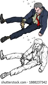 Heavily drunk man sitting on the floor. Hand drawn vector illustration.