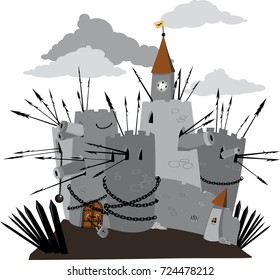 Heavily fortified cartoon fortress with locked gate, EPS 8 vector illustration