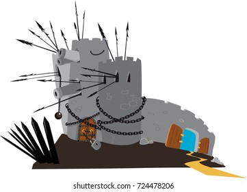 Heavily fortified castle with a wide open and unprotected back door, EPS 8 vector illustration