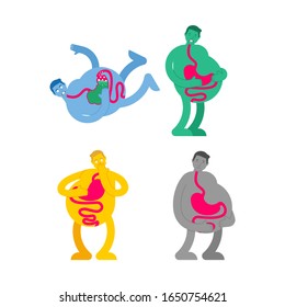 Heaviness in stomach set. bloating and nausea. Sick belly. vector illustration 
