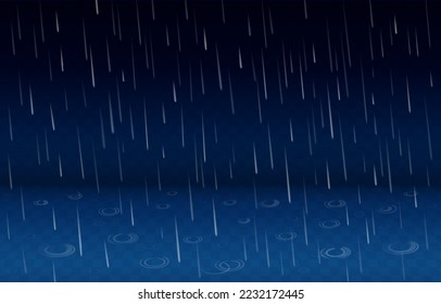 Fuerte lluvia 3D. Las lluvias se multiplican. El clima lluvioso de primavera. Tormenta de granizo en temporada borrosa. Ducha de otoño. Cae el agua. El círculo de lluvias se desploma en el charco. Antecedentes neotercios realistas vectoriales