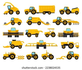 Heavy agricultural machinery set. Wheeled tractors, combine harvester, plow. Rural industrial farm transport vector illustration