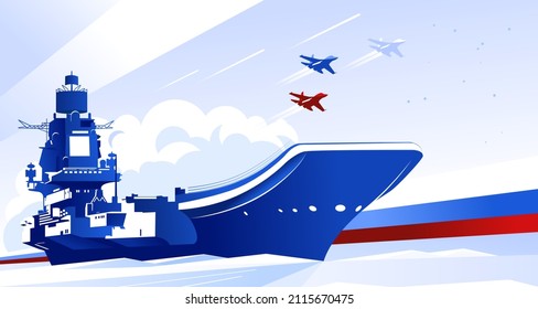 Heavy Aircraft-carrying Military Cruiser Card. Defender Of The Fatherland Day In Russia. Vector Illustration