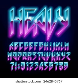 Heavy alphabet font. Glowing neon letters in hard rock style. Stock vector typescript for your typography design.