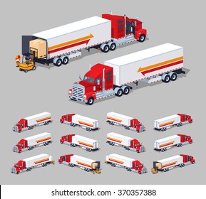 Heavy american truck with the trailer. 3D lowpoly isometric vector illustration. The set of objects isolated against the grey background and shown from different sides