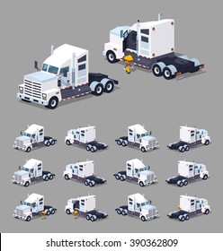 Heavy american white truck. 3D lowpoly isometric vector illustration. The set of objects isolated against the grey background and shown from different sides