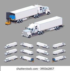 Heavy american white truck with the trailer. 3D lowpoly isometric vector illustration. The set of objects isolated against the grey background and shown from different sides