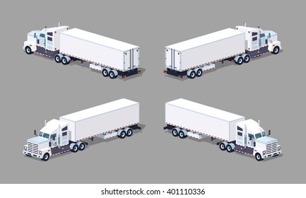 Heavy american white truck with the trailer. 3D lowpoly isometric vector illustration. The set of objects isolated against the grey background and shown from different sides